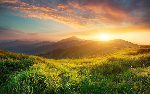 Mountain landscape Mountain valley during sunrise. Natural summer landscape sunset stock pictures, royalty-free photos & images