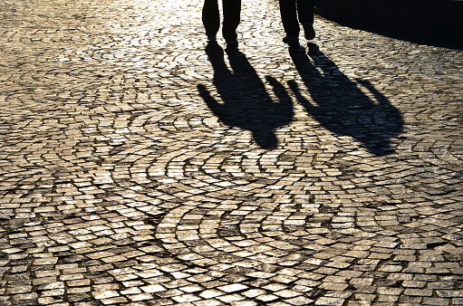 Shadows on the cobblestone pavement of two men walking under bright morning sun.