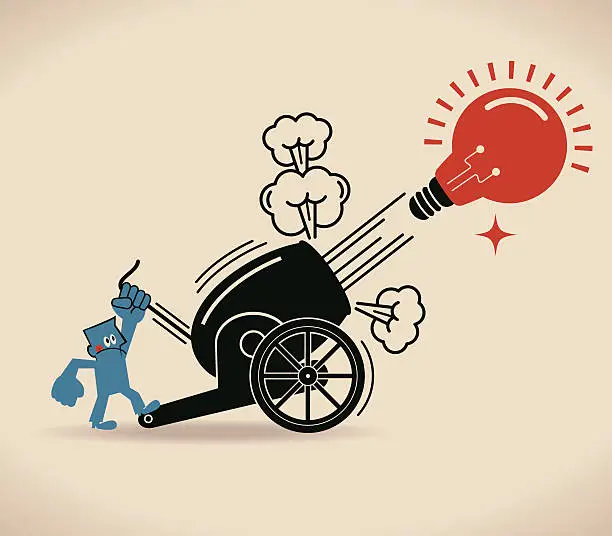 Vector illustration of Cannon Firing, Businessman shooting big idea light bulb from cannon