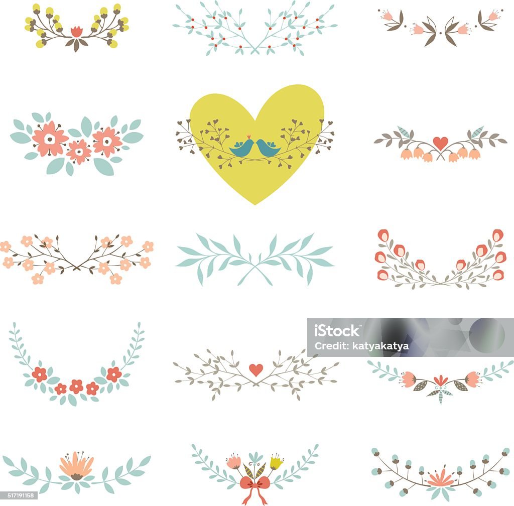 Floral Design Elements Set of floral elements with branches, leaves, flowers, birds and hearts, isolated on white background. Good for spring and summer greeting cards, scrapbook, floral laurels, logos and wedding graphic design. Vector illustration. Dividing stock vector