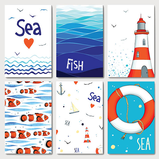 ilustrações, clipart, desenhos animados e ícones de conjunto de 6 bonito modelos dos cartões com projeto marinha. - fishing industry fishing nautical vessel buoy