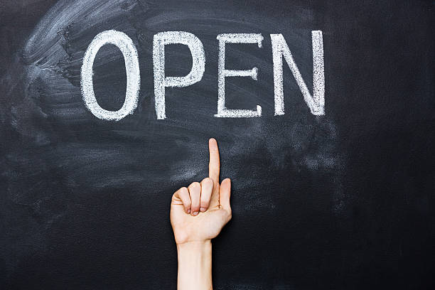 istock Hand pointing at open sign drawn on blackboard 517193816