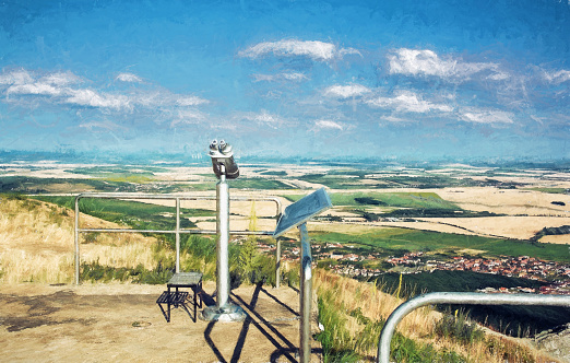 Sightseeing binoculars and slovak landscape with fields and clouds. Nitra, Slovakia. Tourism theme. Illustration with colored pencils.