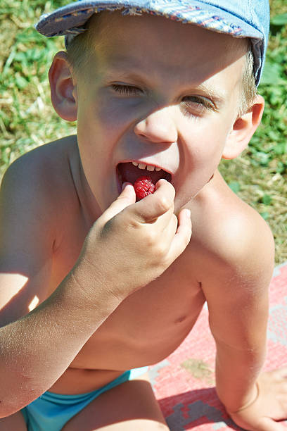 istock Little funny boy eating raspberries 517196915