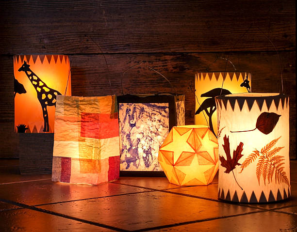 Different handmade lanterns Paper lanterns for Martinmas procession. christmas parade of lights stock pictures, royalty-free photos & images
