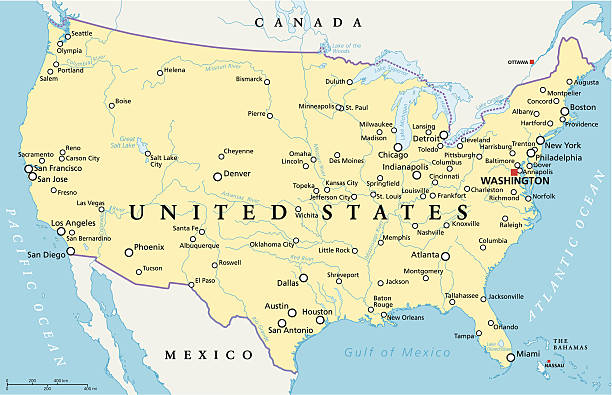 stany zjednoczone ameryki mapa polityczna - map cartography washington dc tennessee stock illustrations