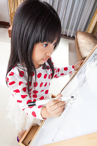 istock Kid girl writes on white board with black mark pen. 517201679