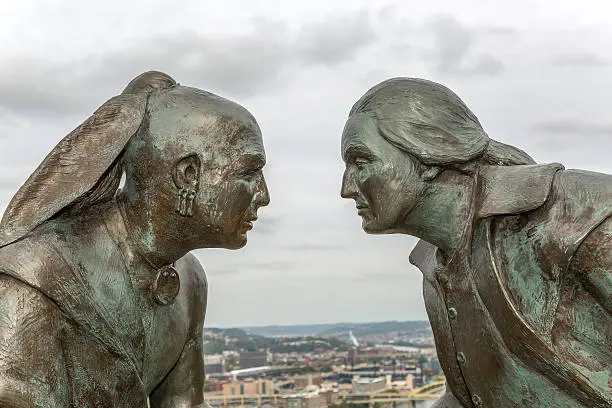 Monument of Seneca leader Guyasuta and George Washington called Point of View on Mt. Washington overlooking the three rivers in the city of Pittsburgh which is referred to as The Point.