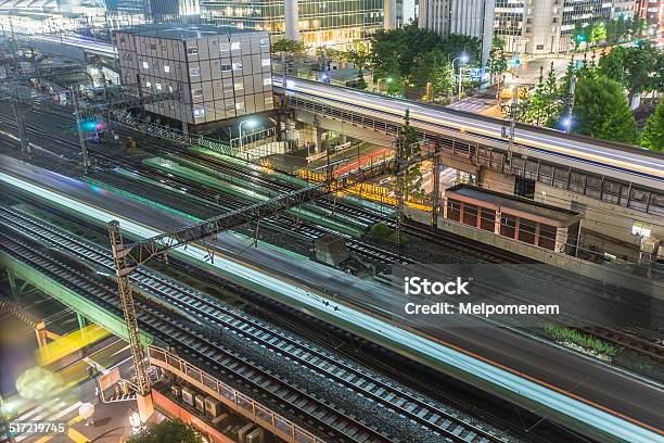 Tokyo Trains And Traffic At Night Stock Photo - Download Image Now - Shinkansen, Japan, Railroad Track