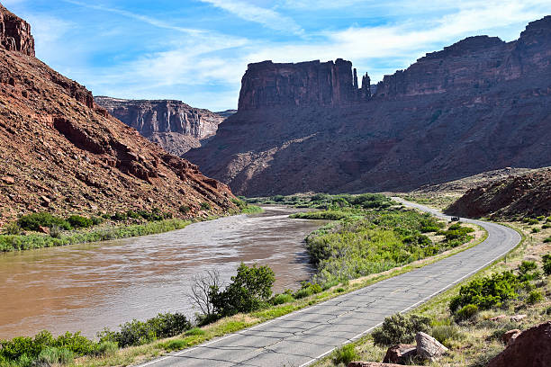 Colorado River at Moab, Utah, USA Utah State Route 128, a scenic byway running along the upper Colorado river, is one of the most scenic routes in the southwest of the USA. scenic byway 128 stock pictures, royalty-free photos & images