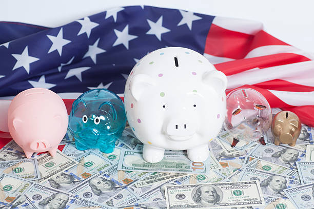 istock Piggy Banks on Dollars with American Flag 517227672