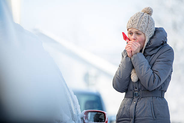 молодая женщина уборка ее автомобиль на снегу - window frozen car cold стоковые фото и изображения