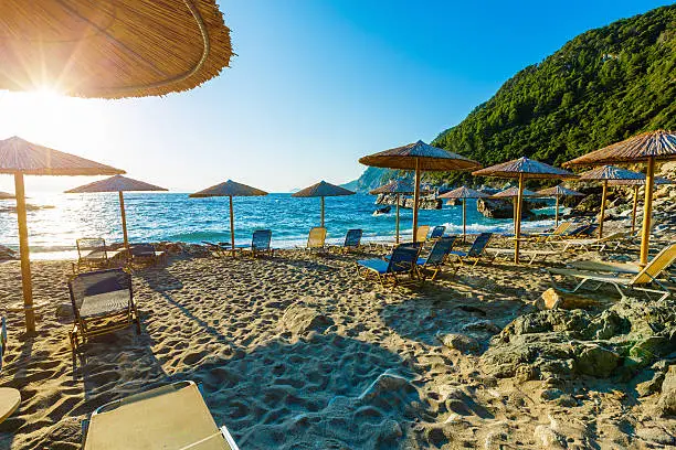 Agios Ioannis beach on Skopelos island at sunrise.