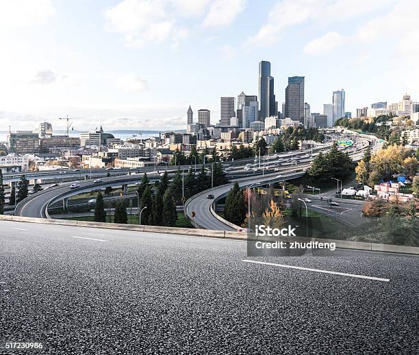 City Road With Cityscape And Skyline Of Seattle Stock Photo - Download Image Now - Road, Seattle, Street