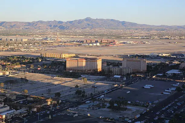 McCarran Airport panoramic view from the High Roller Wheel in Las Vegas, Nevada, USA.