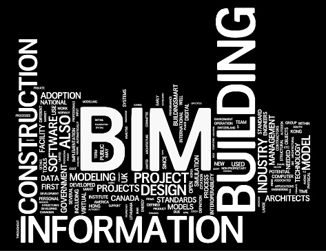 BIM (Building Information Modeling) concepts,isolated on black background