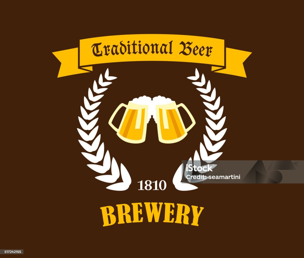 Traditional Beer emblem or label Traditional Beer emblem or label with the text in a ribbon banner above two mugs of beer in a laurel wreath with the date 1810 and - Brewery - below on a brown background Brewery stock vector