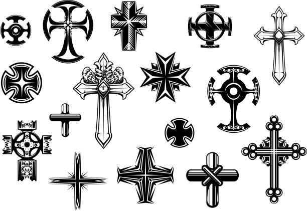 ilustraciones, imágenes clip art, dibujos animados e iconos de stock de conjunto cruza religiosa - silhouette cross shape ornate cross