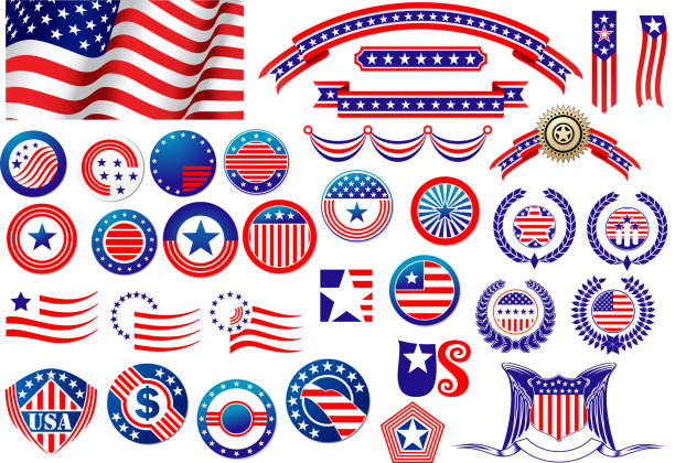 Patriotic American badges and labels Red and blue patriotic American badges and labels with flag, banners, round labels, shields and wreaths in the colour and pattern of the Stars and Stripes government borders stock illustrations