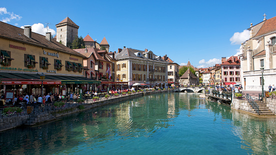 The picturesque town of Annecy, in the Savoie region of France on a beautiful summers day.