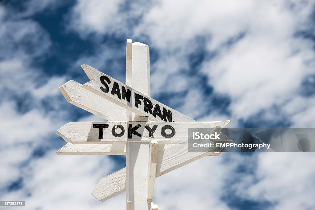 Directional San Fran and Tokyo Sign Cloud - Sky Stock Photo