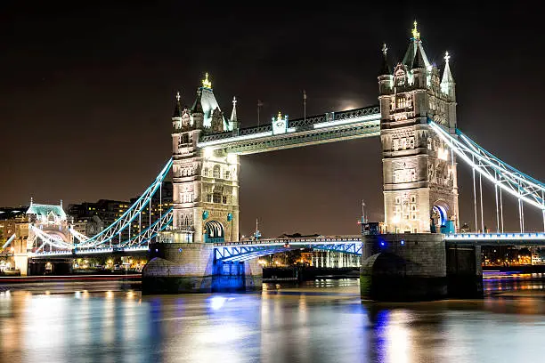 Night view of London Tower Bridge, an iconic symbol of England, United Kingdom, is a combined bascule and suspension bridge in London on the Thames River.