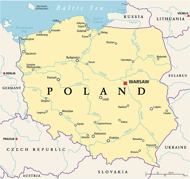 Poland Political Map Poland Political Map with capital Warsaw, national borders, most important cities, rivers and lakes. English labeling and scaling. Illustration. poland stock illustrations