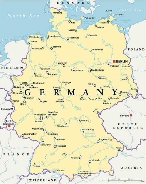 Germany Political Map Germany Political Map with capital Berlin, national borders, most important cities, rivers and lakes. English labeling and scaling. Illustration. essen germany stock illustrations