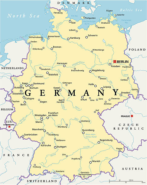 Germany Political Map Germany Political Map with capital Berlin, national borders, most important cities, rivers and lakes. English labeling and scaling. Illustration. mannheim stock illustrations