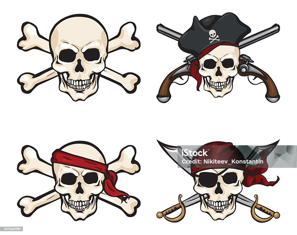 Vector Set Of Different Cartoon Pirate Skulls Stock Illustration - Download  Image Now - Pirate - Criminal, Skull and Crossbones, Human Skull - iStock