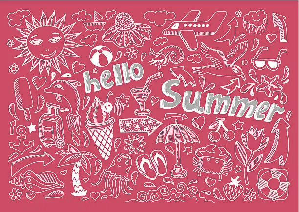Vector illustration of set of sketch design element summer theme with lettering Hello