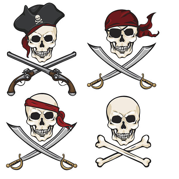 illustrazioni stock, clip art, cartoni animati e icone di tendenza di set vettoriale di diversi fumetto pirata capo - skull and bones