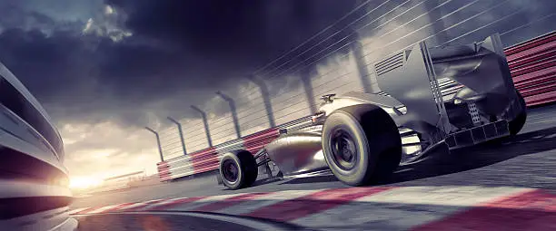 A close up low angle, cross processed image of a racing car moving at high speed on a racetrack. The action occurs during a race under a stormy overcast sky in the evening, at sunset, during a racing event. The location is fictional and the car in CG generated. 