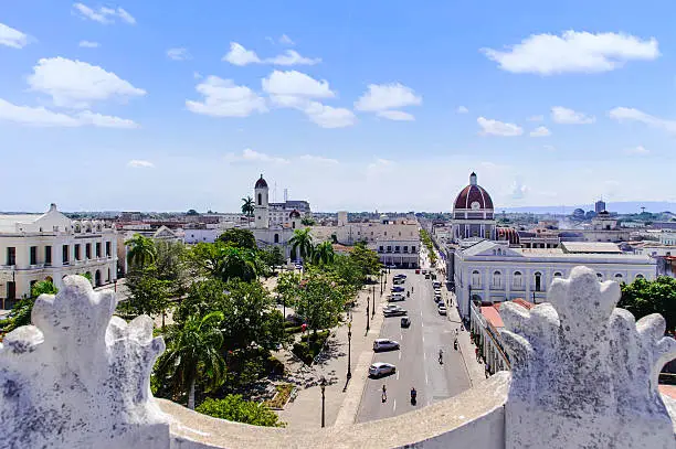 Aerial view from Palacio Ferrer to Jose Marti park with Town Hall and Cathedral. Cuba, Cienfuegos.