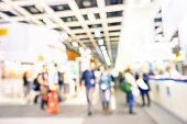 Defocused bokeh abstract of generic trade show expo stand booth