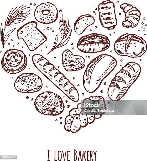 Hand Drawn Bakery Icons Set In The Shape Of Heart Stock Illustration - Download Image Now - Croissant, Drawing - Activity, Bagel