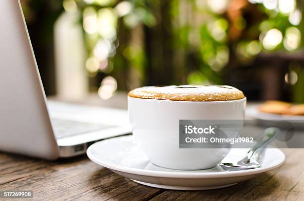 Coffee Cup And Laptop On The Wood Texture Stock Photo - Download Image Now - Arranging, Backgrounds, Breakfast