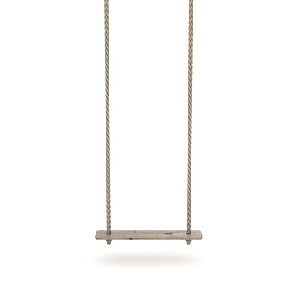 Swing made of rope and a wooden plank. 3D render illustration isolated on white background