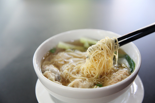 noodle and dumpling in close up