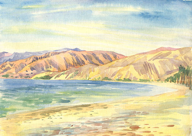 sea, beach, mountains. Landscape. Watercolor painting sea, beach, mountains. Landscape. Watercolor painting  taba stock illustrations