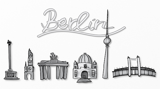 Hand drawn illustration of famous Berlin monuments and tourist destinations.