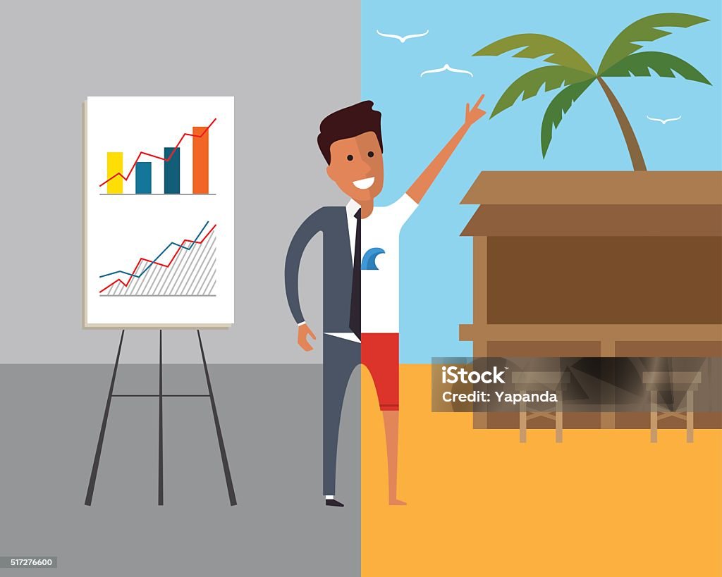 Business man at work and on vacation Business man at work and on vacation. Flat vector illustration Adult stock vector