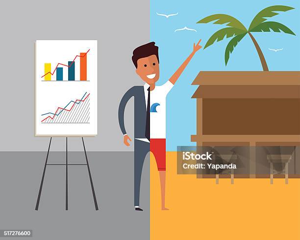 Business Man At Work And On Vacation Stock Illustration - Download Image Now - Adult, Beach, Business