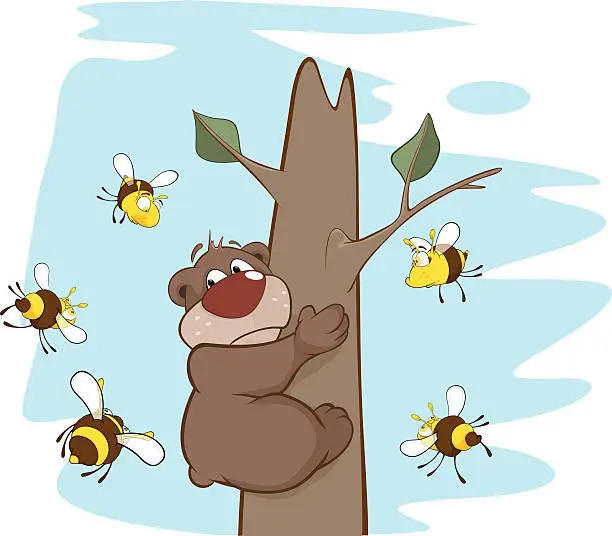 Vector illustration of Bear and Bees. Cartoon