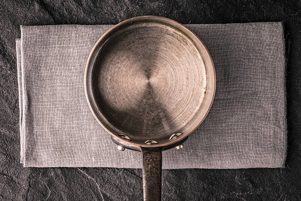 istock Metal pan on the dark stone table top view 517280560
