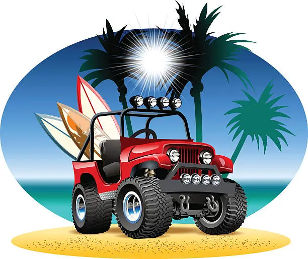 Vector illustration of Vector cartoon 4x4 car on beach