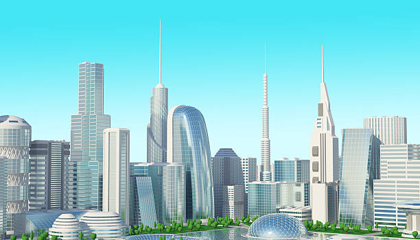istock Sci fi futuristic future 3d city with trees and lake 517283700