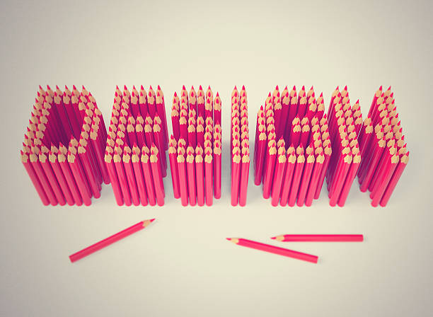 Vintage retro styled design sign in instagram colors, creative art layout made of pencils. 3d rendered illustration