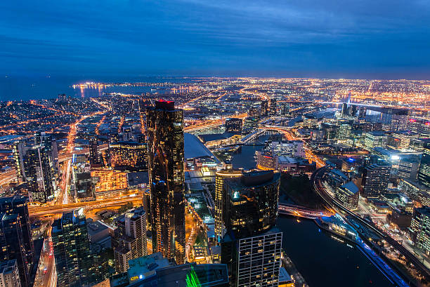 Melbourne bird eye view Night time in Melbourne taken from Eureka tower yarra river stock pictures, royalty-free photos & images