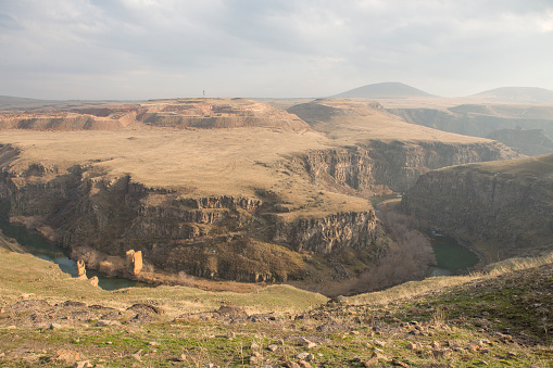 turkish armenian boarder river at Ani ruins of kars turkey